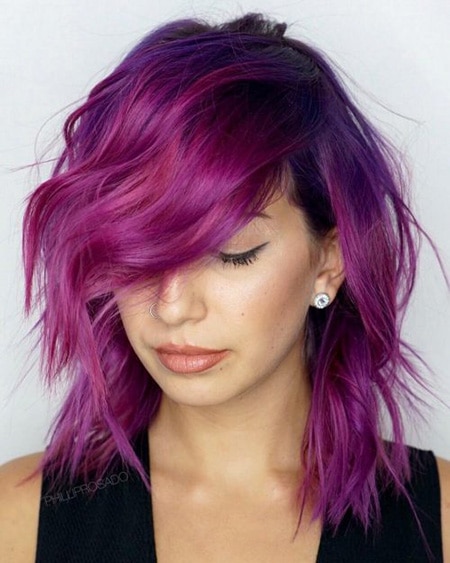 purple medium choppy haircut with side bangs